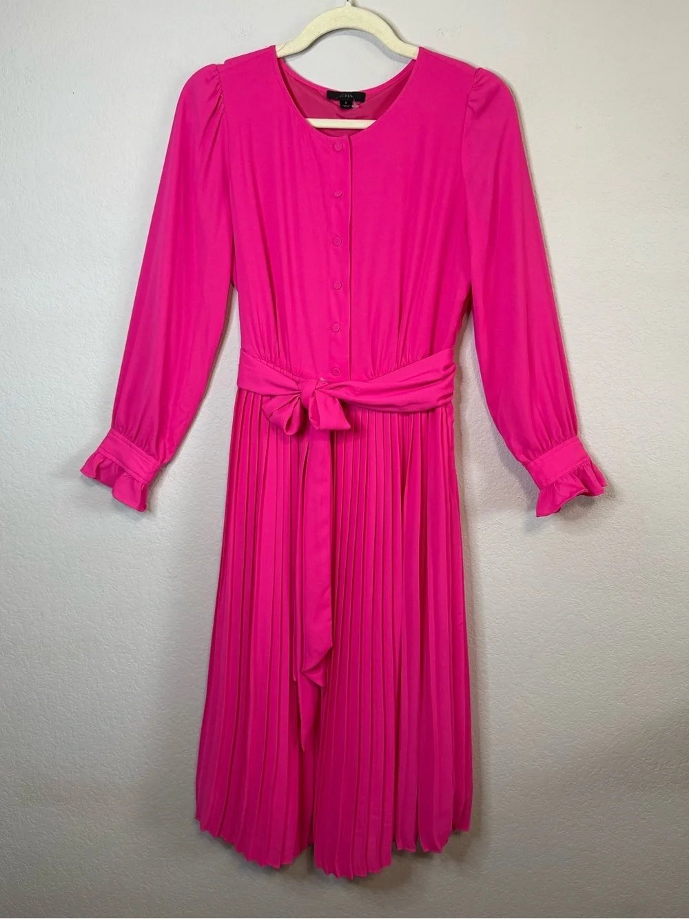 J Crew Tie Front Pleated Dress Pink Long Sleeve Button Front Style AK205 Size 2